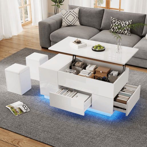 Mesa de centro 100x50x45 cm - Sofá com 2 bancos, 2 gavetas, LED, altura ajustável - Branco