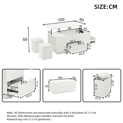 Mesa de centro 100x50x45 cm - Sofá com 2 bancos, 2 gavetas, LED, altura ajustável - Branco