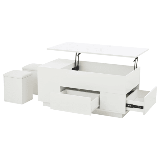 Mesa de centro 100x50x45 cm - Sofá com 2 bancos, 2 gavetas, LED, altura ajustável - Branco