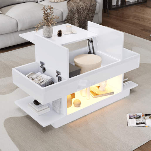 Mesa de centro elevável 98x45x40 cm - Sofá com mesa elevável, 2 armários dobráveis, LED, branco