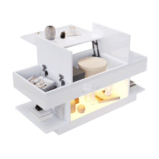Mesa de centro elevável 98x45x40 cm - Sofá com mesa elevável, 2 armários dobráveis, LED, branco