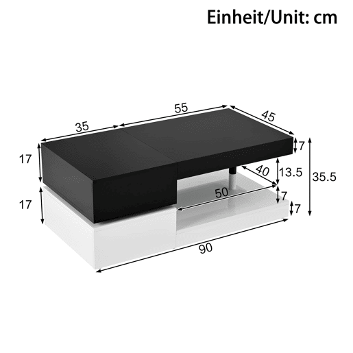 Mesa de centro 90x45x35,5 cm - Iluminação LED, controlo por aplicação e Bluetooth, superfície brilhante - Preto-Branco