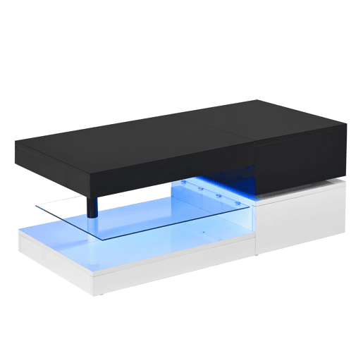 Mesa de centro 90x45x35,5 cm - Iluminação LED, controlo por aplicação e Bluetooth, superfície brilhante - Preto-Branco
