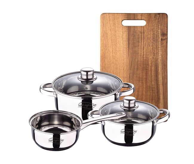 Bateria 5pcs acero inoxidable: cazo ø16x7,5 cacerolas de ø18x8,5 y ø20x9,5 cms., inducción+ tabla de cortar 40,3x25,2x2,5cm de madera