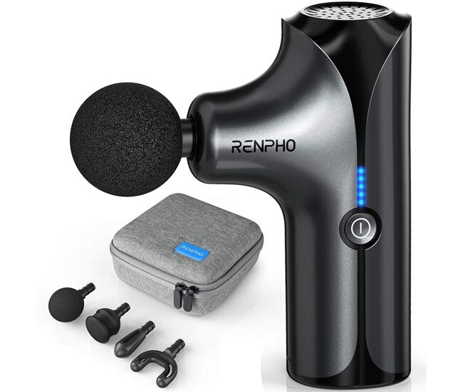 Renpho mini pistola de masaje de mano gm173, 4 cabezales, 5 velocidades, color negro