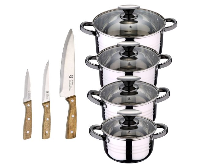 Bateria 8pc acero inoxidable apta para inducción colección san ignacio premium + set de 3 cuchillos de acero inoxidable para cocina noia san ignacio