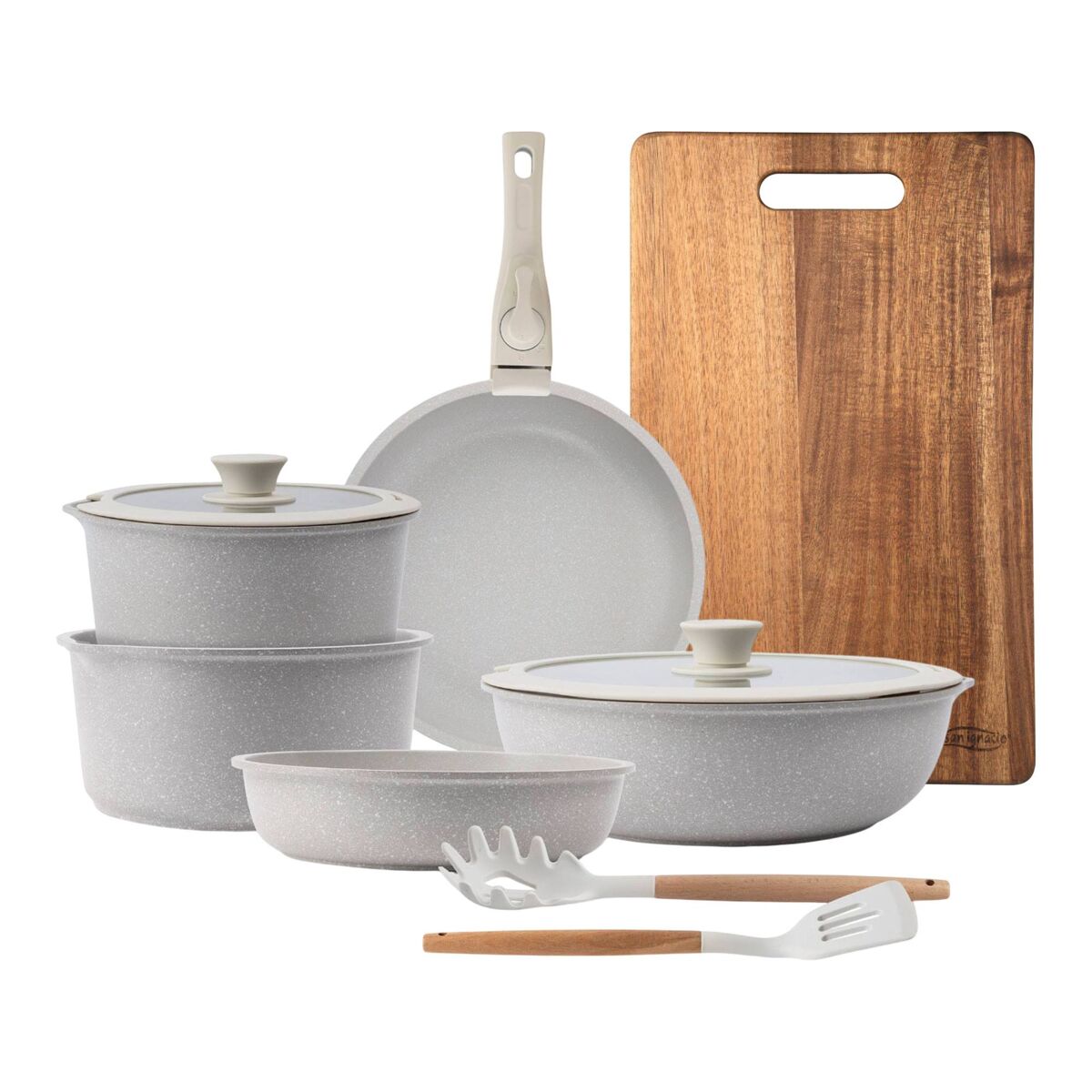 Batería de cocina 10 pzs beige/mango extraíble,3 sartenes,2 cazos,tapas y utensilios+ tabla de cortar 40,3x25,2x2,5cm de madera
