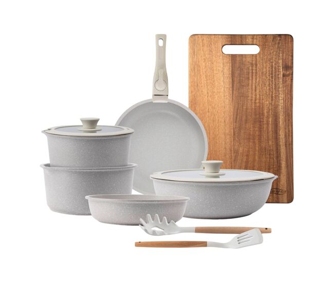Batería de cocina 10 pzs beige/mango extraíble,3 sartenes,2 cazos,tapas y utensilios+ tabla de cortar 40,3x25,2x2,5cm de madera