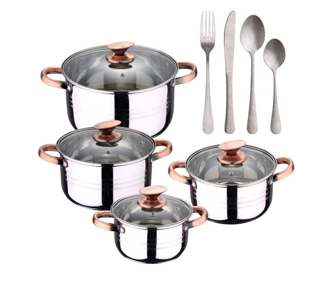 Bateria 8pc acero inoxidable apta para inducción colección san ignacio premium + set de 16 cubiertos en acero inoxidable noia san ignacio