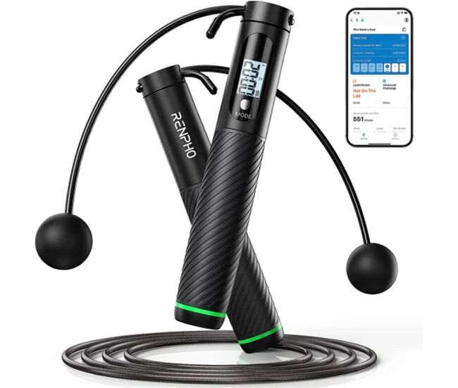 Renpho cuerda de saltar inteligente smart jump rope negra, longitud ajustable, sin cable