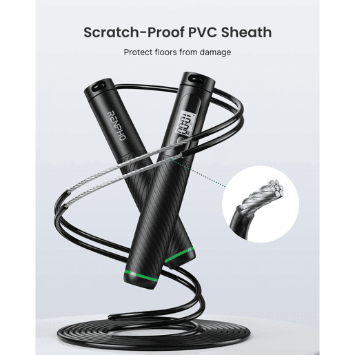 Renpho Corda de pular inteligente SMART JUMP ROPE preta, comprimento ajustável, sem fio