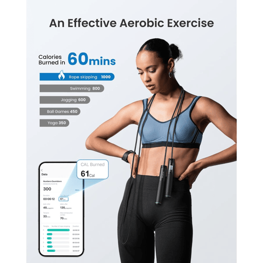 Renpho Corda de pular inteligente SMART JUMP ROPE preta, comprimento ajustável, sem fio