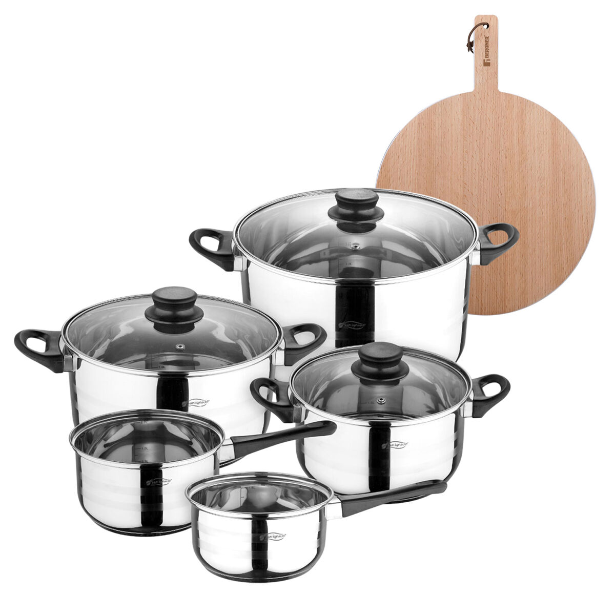 Batería de cocina de ocho piezas san ignacio+ bergner naturally tabla de corte redonda de 38x28x1,5cm en madera de haya