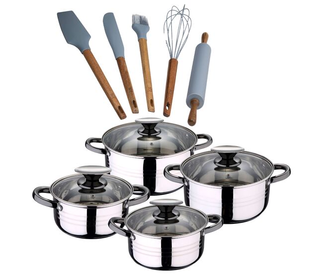 Bateria 8pc acero inoxidable apta para inducción colección san ignacio premium + set de 5 utensilios de cocina de silicona y madera