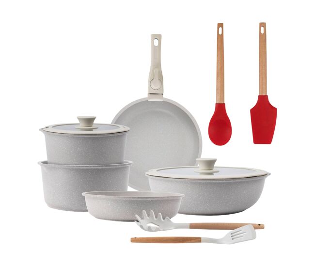 Batería de cocina 10 pzs beige/mango extraíble,3 sartenes,2 cazos,tapas y utensilios+ bergner excalibur juego de 2 utensilios de cocina