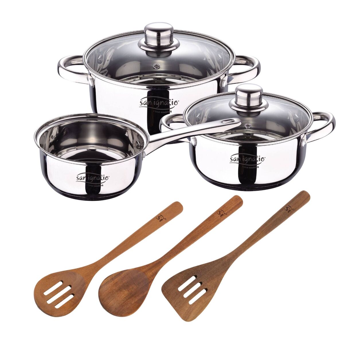 Bateria 5pcs acero inoxidable: cazo ø16x7,5 cacerolas de ø18x8,5 y ø20x9,5 cms., inducción+ san ignacio agros set 3pc utensilios cocina