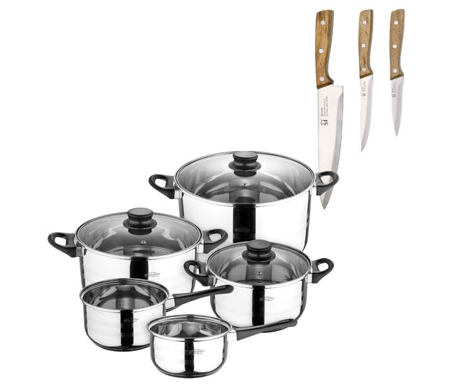 Batería de cocina de ocho piezas san ignacio+ set de 3 cuchillos de acero inoxidable para cocina noia san ignacio