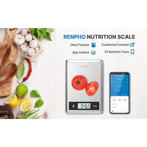 Renpho Balança de Cozinha Digital CALIBRA 1 Aço Inox 5kg Bluetooth Tela LCD