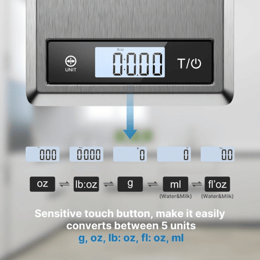 Renpho Balança de Cozinha Digital CALIBRA 1 Aço Inox 5kg Bluetooth Tela LCD