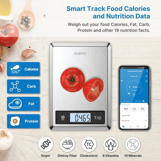Renpho Balança de Cozinha Digital CALIBRA 1 Aço Inox 5kg Bluetooth Tela LCD