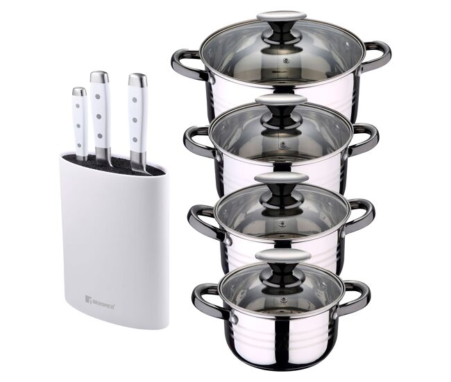 Bateria 8pc acero inoxidable apta para inducción colección san ignacio premium +juego de 3 cuchillos de acero inoxidable + tacoma en color blanco