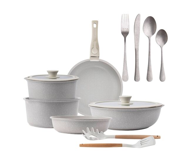 Batería de cocina 10 pzs beige/mango extraíble,3 sartenes,2 cazos,tapas y utensilios+ set de 16 cubiertos en acero inoxidable