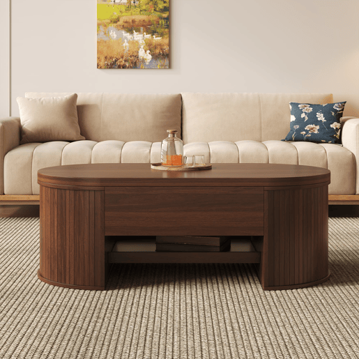 Mesa de centro elevável 110 cm - Com prateleira extensível, madeira curvada, multifuncional - Natural