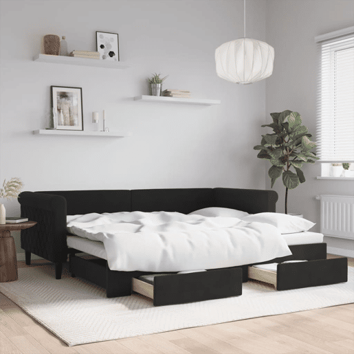 Sofá-cama, Sofá conversível com gavetão e gavetas 90x200 cm veludo preto Sofá-cama, Sofá conversível com gavetão e gavetas 90x200 cm veludo preto