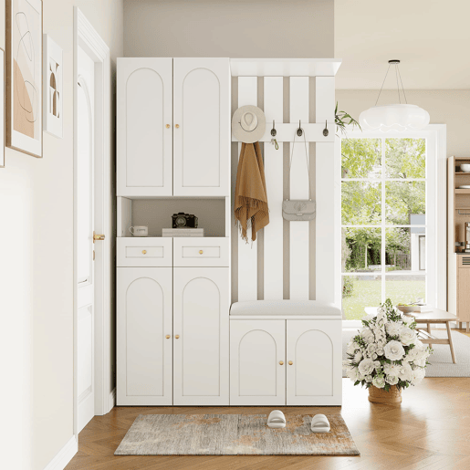 Conjunto de móveis para corredor 110x180x37 cm - Com sapateira, banco e 4 ganchos - Branco