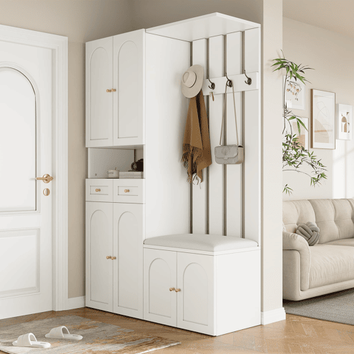 Conjunto de móveis para corredor 110x180x37 cm - Com sapateira, banco e 4 ganchos - Branco