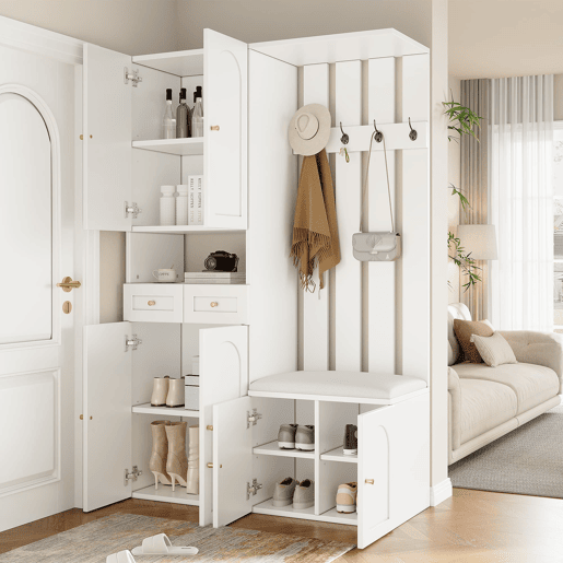 Conjunto de móveis para corredor 110x180x37 cm - Com sapateira, banco e 4 ganchos - Branco