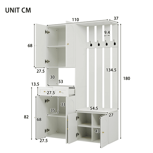 Conjunto de móveis para corredor 110x180x37 cm - Com sapateira, banco e 4 ganchos - Branco