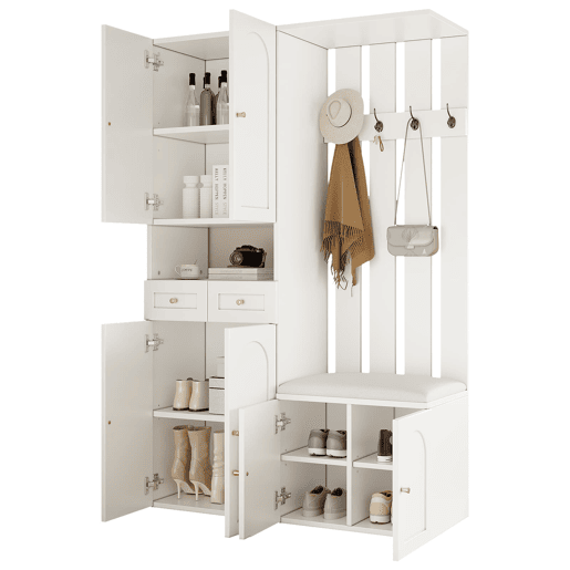 Conjunto de móveis para corredor 110x180x37 cm - Com sapateira, banco e 4 ganchos - Branco