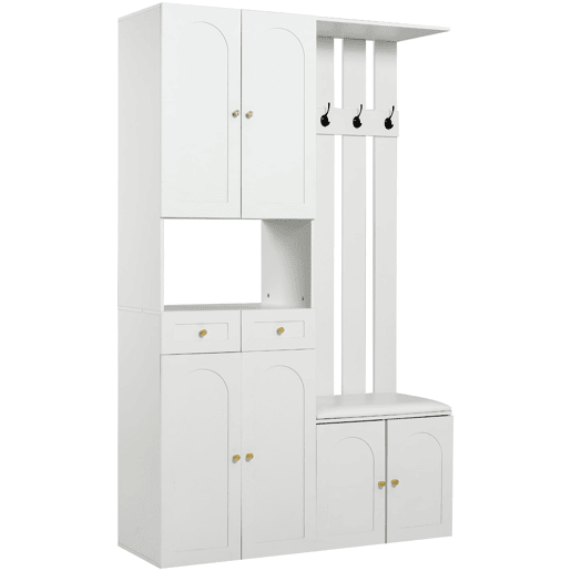 Conjunto de móveis para corredor 110x180x37 cm - Com sapateira, banco e 4 ganchos - Branco