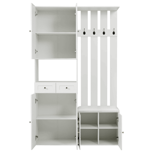 Conjunto de móveis para corredor 110x180x37 cm - Com sapateira, banco e 4 ganchos - Branco