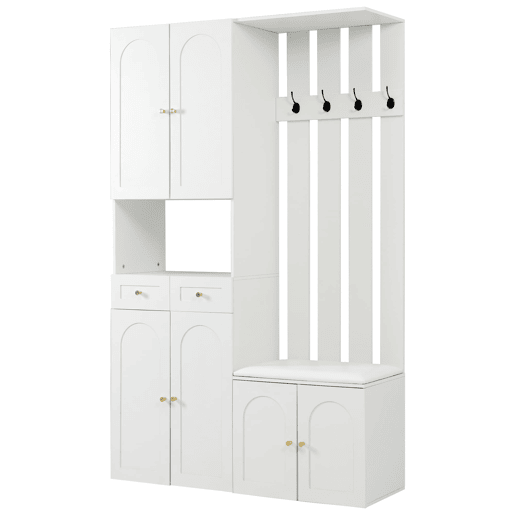 Conjunto de móveis para corredor 110x180x37 cm - Com sapateira, banco e 4 ganchos - Branco