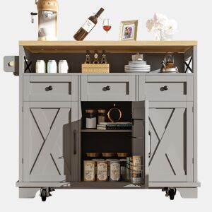 Ilha de cozinha moderna 118×43-80×98 cm - Prateleira multifuncional com rodas, divisórias removíveis, suporte para toalhas, cinza