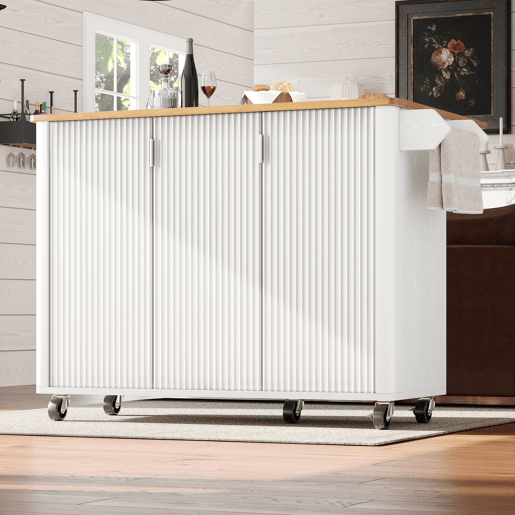 Ilha de cozinha 130x45(75)x92cm - Carrinho de cozinha em madeira, prateleira para especiarias, 3 portas, branco Ilha de cozinha 130x45(75)x92cm - Carrinho de cozinha em madeira, prateleira para especiarias, 3 portas, branco