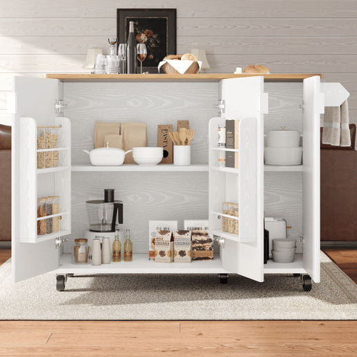 Ilha de cozinha 130x45(75)x92cm - Carrinho de cozinha em madeira, prateleira para especiarias, 3 portas, branco Ilha de cozinha 130x45(75)x92cm - Carrinho de cozinha em madeira, prateleira para especiarias, 3 portas, branco