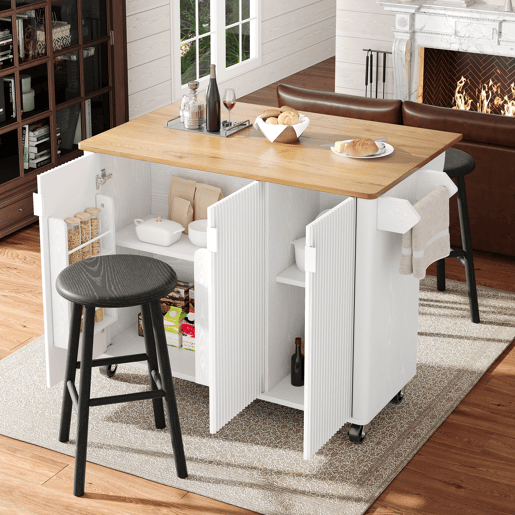 Ilha de cozinha 130x45(75)x92cm - Carrinho de cozinha em madeira, prateleira para especiarias, 3 portas, branco Ilha de cozinha 130x45(75)x92cm - Carrinho de cozinha em madeira, prateleira para especiarias, 3 portas, branco