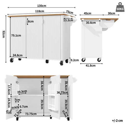 Ilha de cozinha 130x45(75)x92cm - Carrinho de cozinha em madeira, prateleira para especiarias, 3 portas, branco Ilha de cozinha 130x45(75)x92cm - Carrinho de cozinha em madeira, prateleira para especiarias, 3 portas, branco