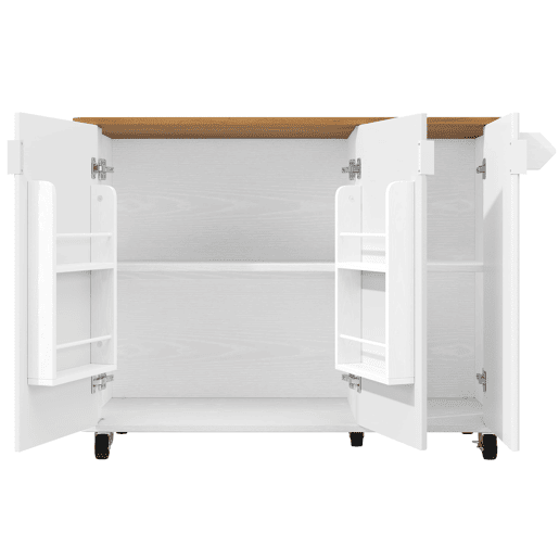 Ilha de cozinha 130x45(75)x92cm - Carrinho de cozinha em madeira, prateleira para especiarias, 3 portas, branco Ilha de cozinha 130x45(75)x92cm - Carrinho de cozinha em madeira, prateleira para especiarias, 3 portas, branco