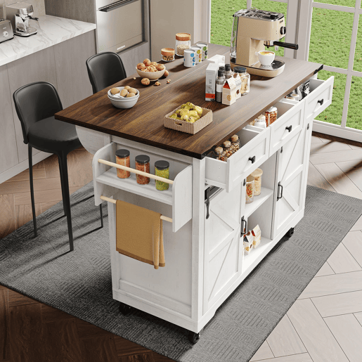 Ilha de cozinha com rodas - bancada extensível, 2 portas de correr e 3 gavetas - bege