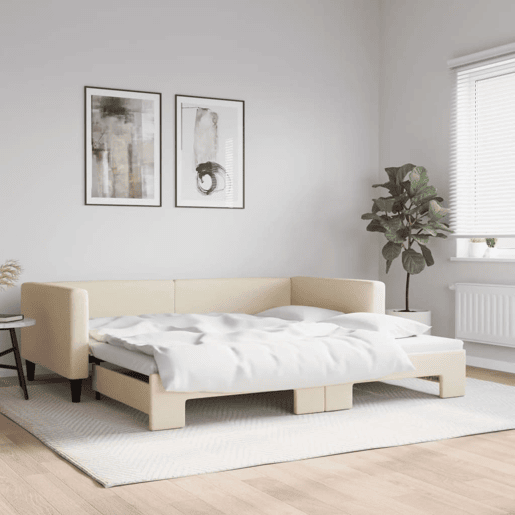 Sofá-cama, Sofá conversível com gavetão 100x200 cm tecido cor creme Sofá-cama, Sofá conversível com gavetão 100x200 cm tecido cor creme