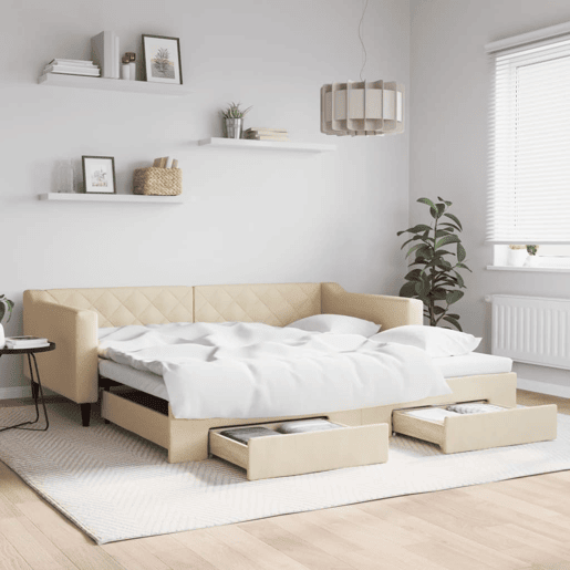 Sofá-cama, Sofá conversível com gavetão e gavetas 100x200 cm tecido cor creme