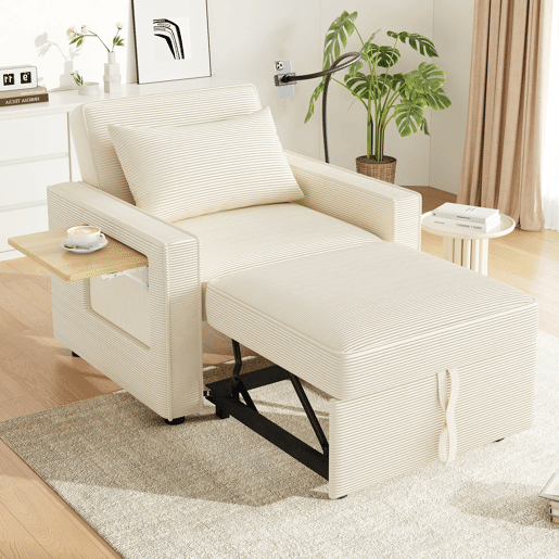 Sofá-cama multifuncional de 1 lugar - com porta USB, suporte para telemóvel, tecido de veludo cotelê, bege