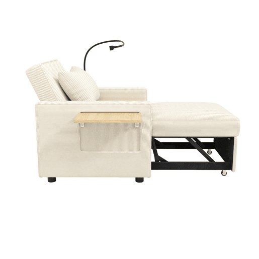 Sofá-cama multifuncional de 1 lugar - com porta USB, suporte para telemóvel, tecido de veludo cotelê, bege