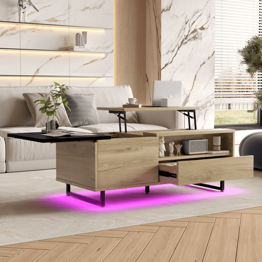 Mesa de centro - com arrumação, design moderno - cor natural