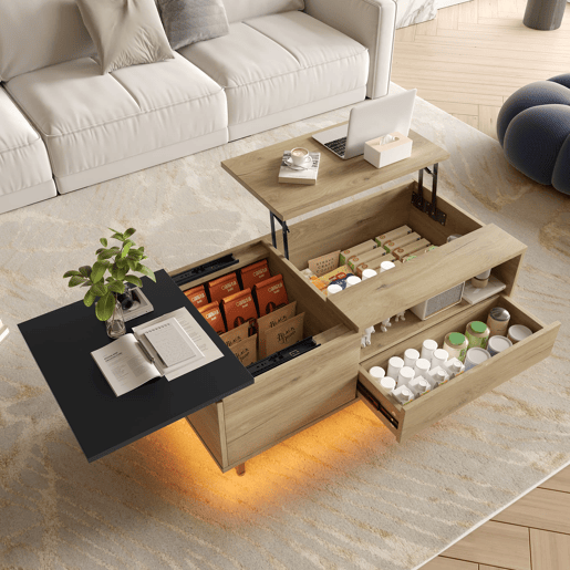 Mesa de centro - com arrumação, design moderno - cor natural