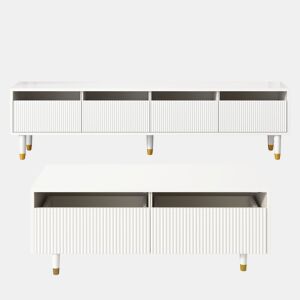 Conjunto de móveis LED - Estante de TV com 4 portas e mesa de centro com 2 gavetas - Branco com design dourado